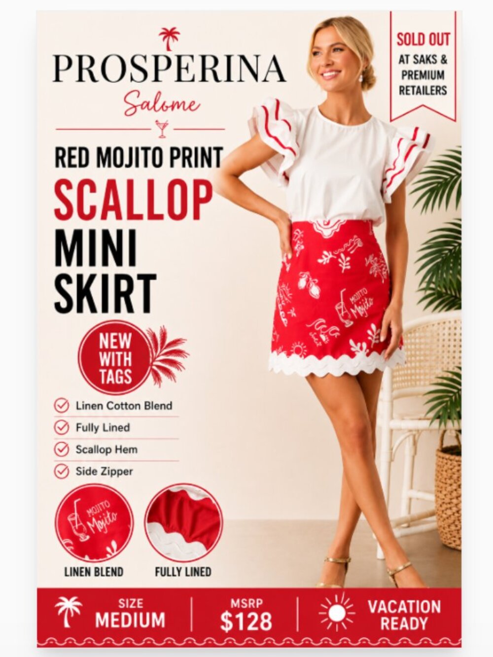 Prosperina Salome Red Mojito Print Scallop Mini Skirt Linen Medium NWT